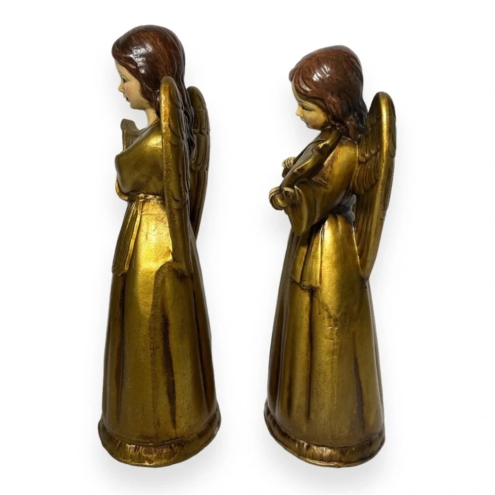 Brinns Christmas Angel Pair Figurine Choir Harp Violin Music Antique Gold Patina